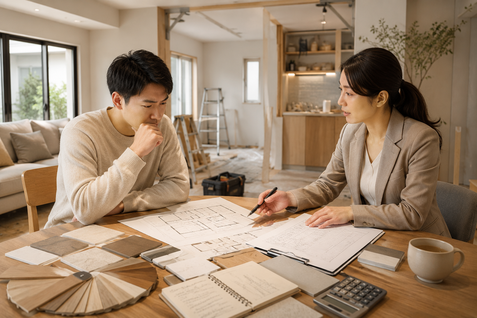 設計師與屋主在桌前討論平面圖與材質樣板，桌上有計算機與筆記